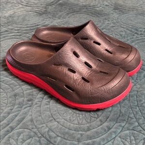 Brown and Red Slip-On Clogs